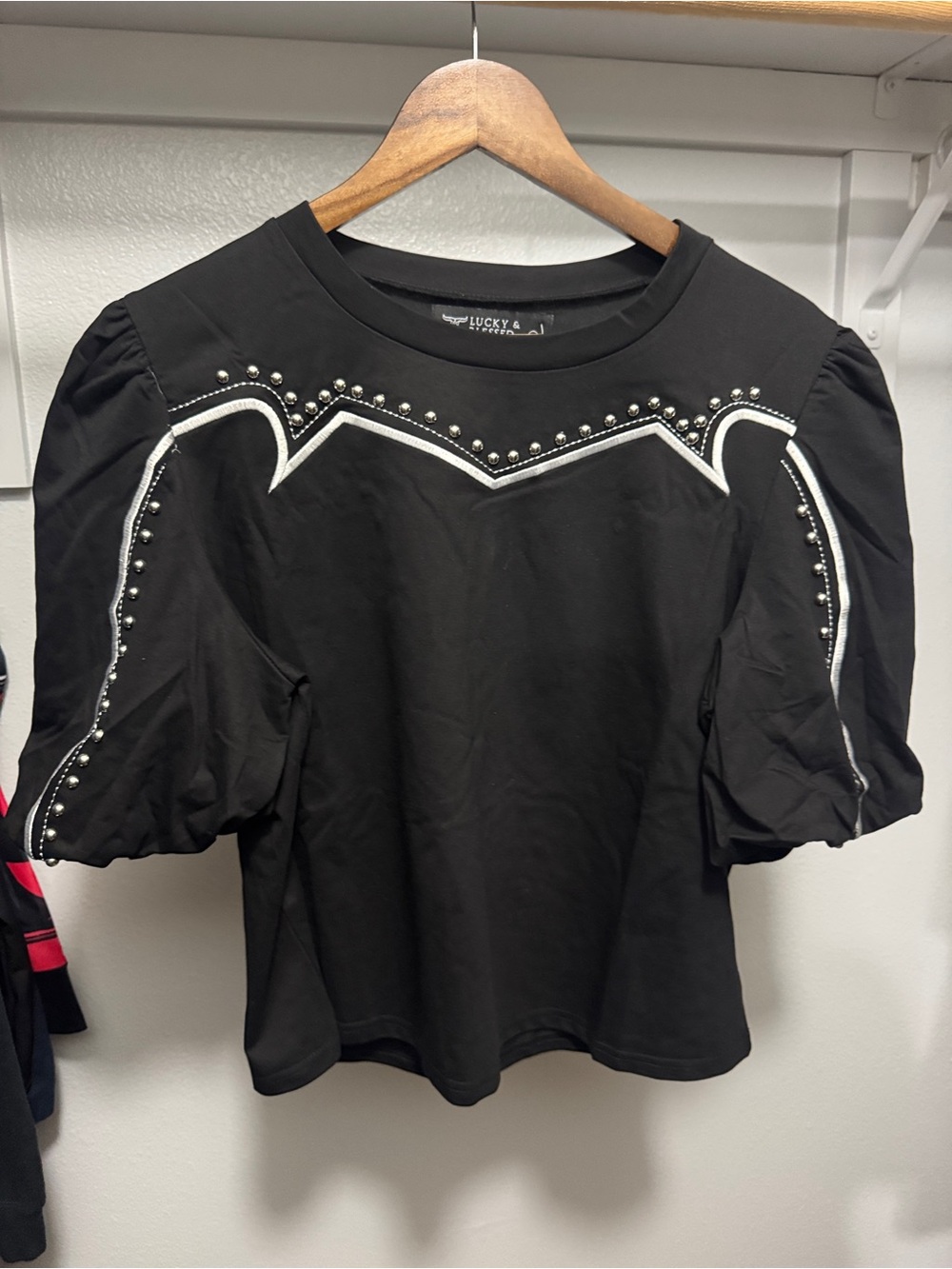 Lucky & Blessed Black Puff Sleeve Top with Silver Studs & White Piping